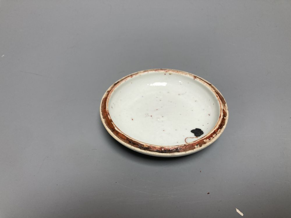 A Chinese Longquan celadon bowl, Song dynasty, 16cm, a conical celadon dish and a seal paste box base